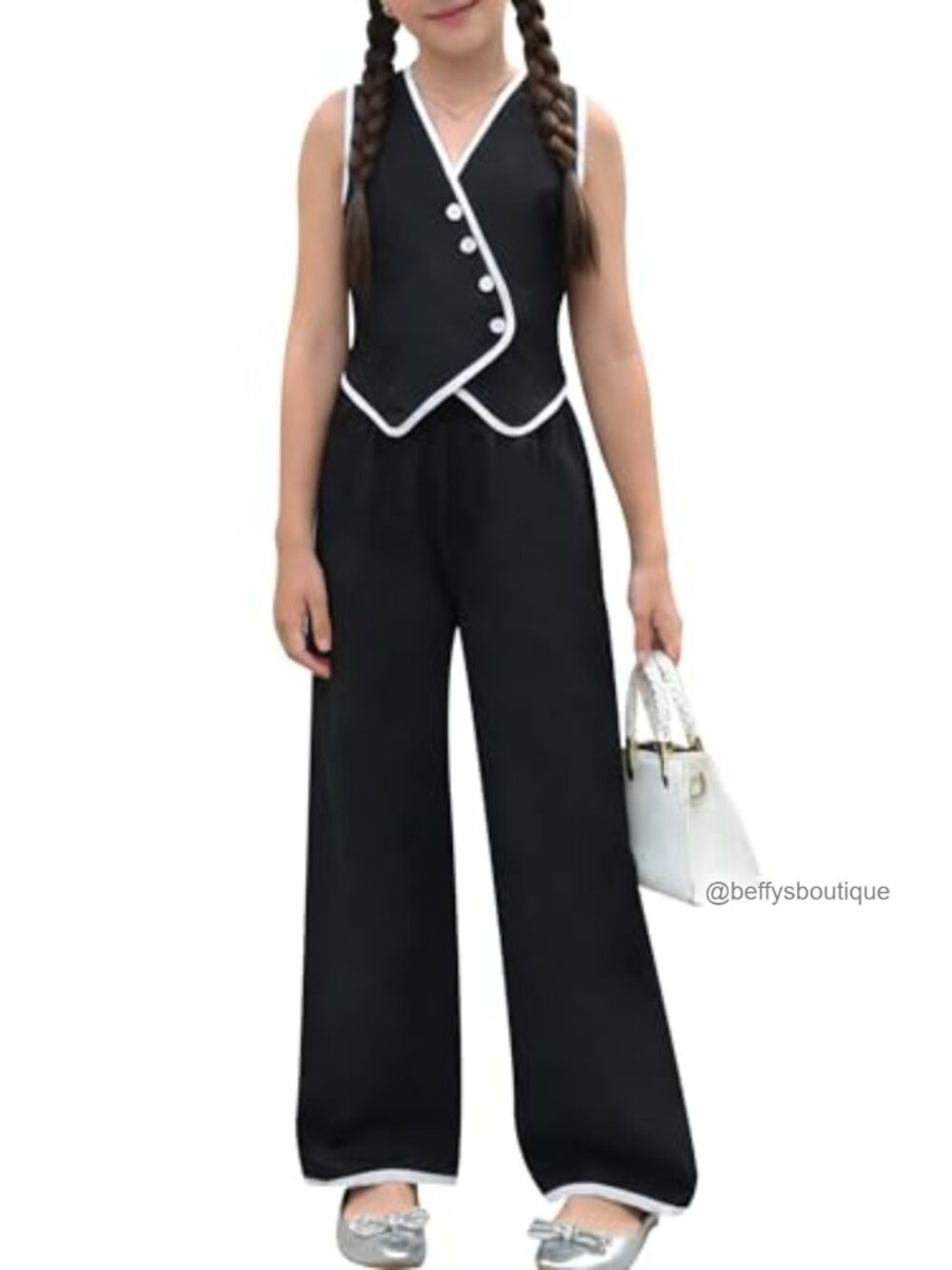 Girls Two Piece Vest Pant Set Viscose Blend Contrast Piping Dressy Suit